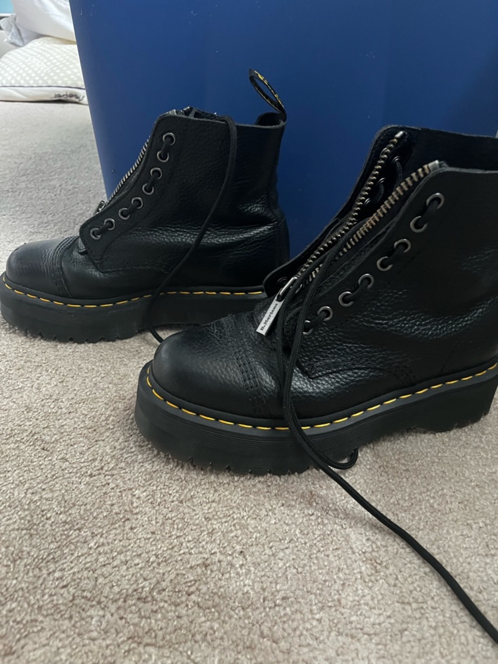 Dr. Martens Black Leather Platform Lace-Up Boots with Yellow Stitching - Picture 3 of 5